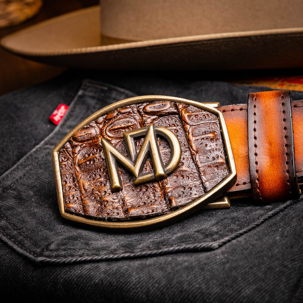 Marco Di Milano Caiman & Calfskin Western Belt Signature Texas Aged Brown