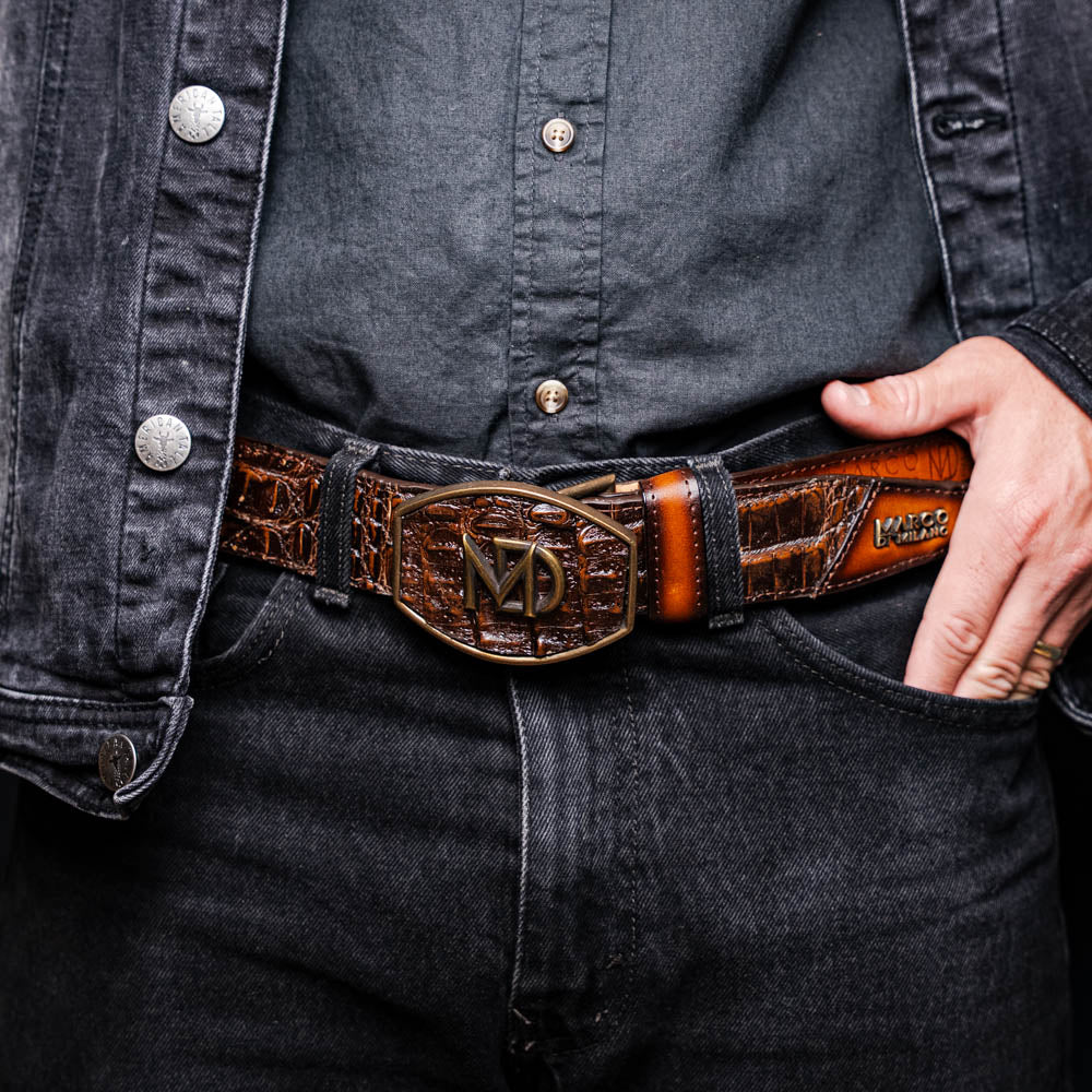 Marco Di Milano Caiman & Calfskin Western Belt Signature Texas Aged Brown