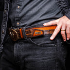 Marco Di Milano Caiman & Calfskin Western Belt Signature Texas Aged Brown