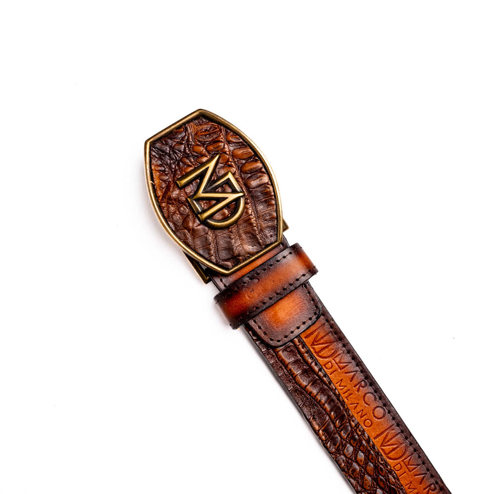 Marco Di Milano Caiman & Calfskin Western Belt Signature Texas Aged Brown