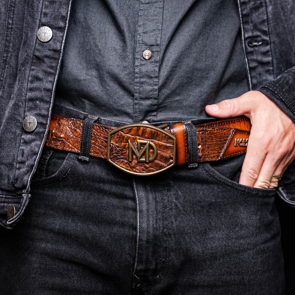 Texas Caiman and Calfskin Western Belt Aged Maple