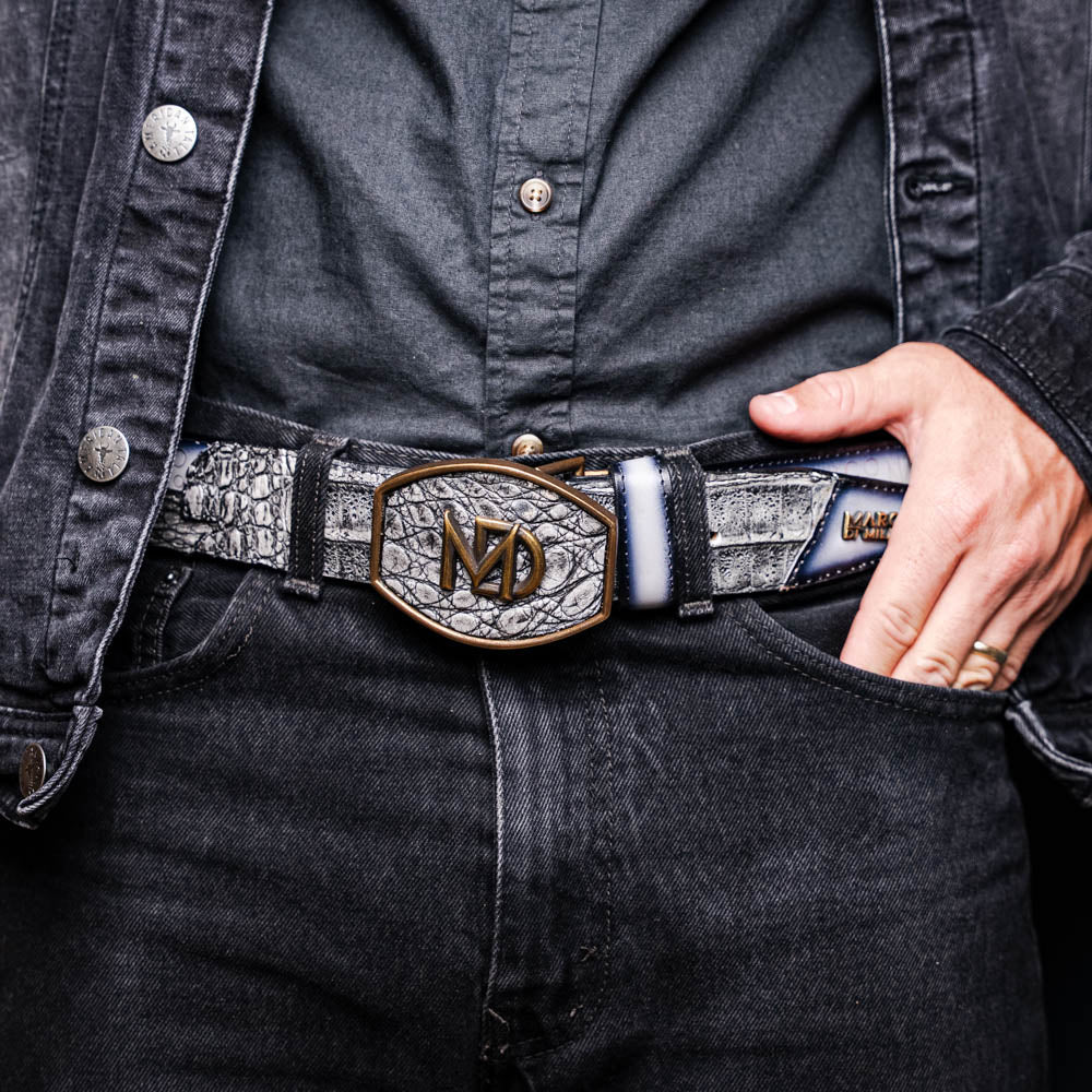 Marco Di Milano Caiman & Calfskin Western Belt Signature Contrast Texas Stone Gray