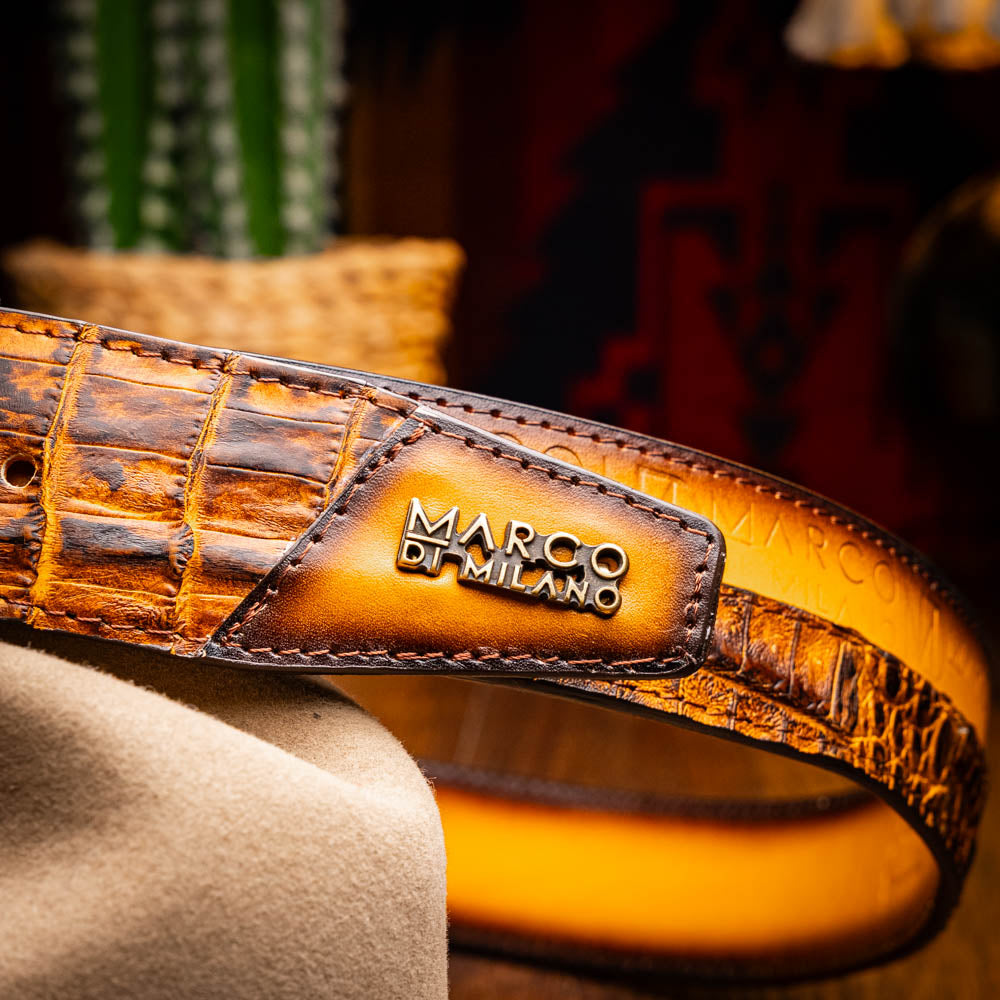 Marco Di Milano Caiman Calfskin Western Belt Signature Contrast Texas Mustard Brown