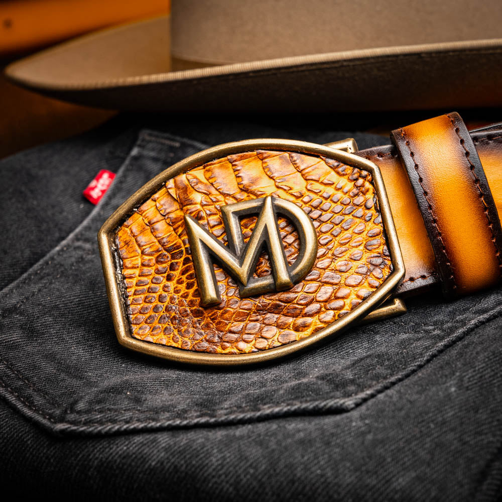 Marco Di Milano Caiman Calfskin Western Belt Signature Contrast Texas Mustard Brown