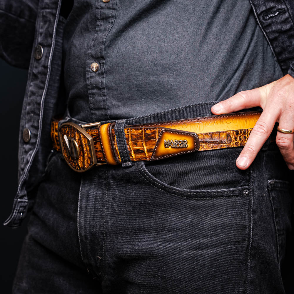 Marco Di Milano Caiman Calfskin Western Belt Signature Contrast Texas Mustard Brown