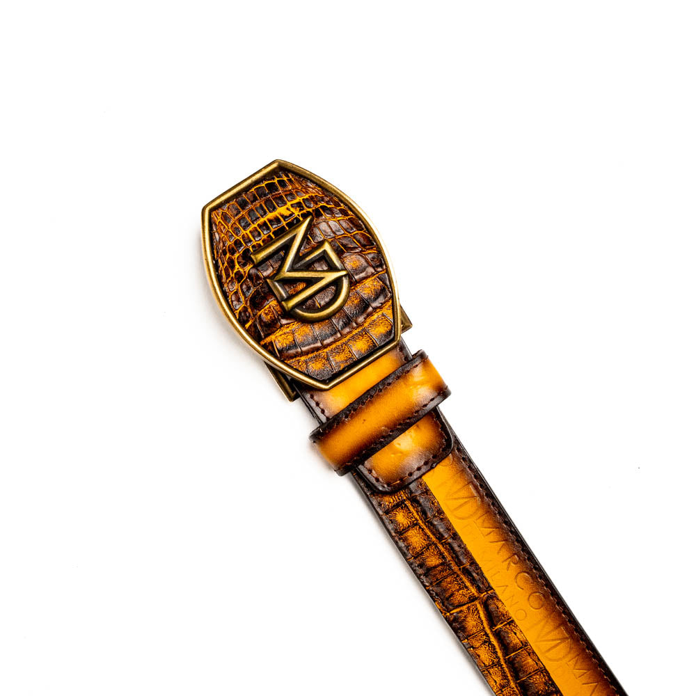 Marco Di Milano Caiman Calfskin Western Belt Signature Contrast Texas Mustard Brown