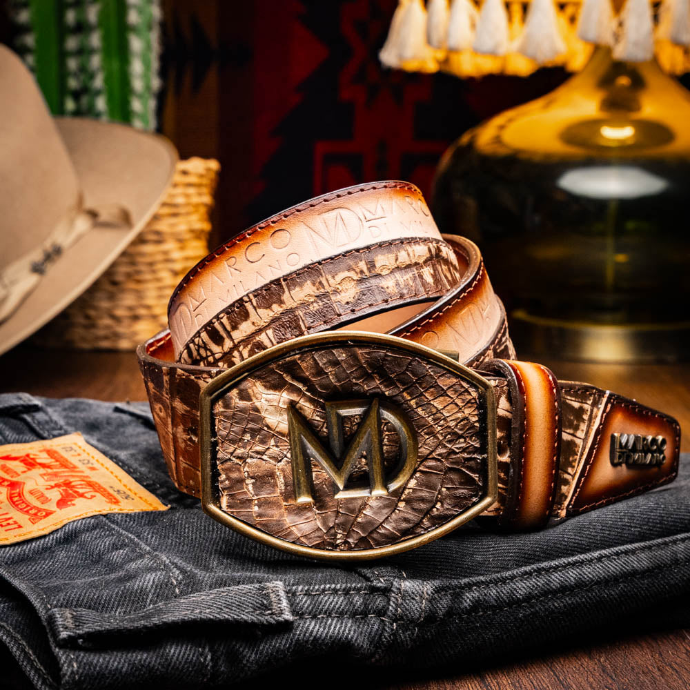Marco Di Milano Caiman Calfskin Western Belt Signature Contrast Texas Stone Brown