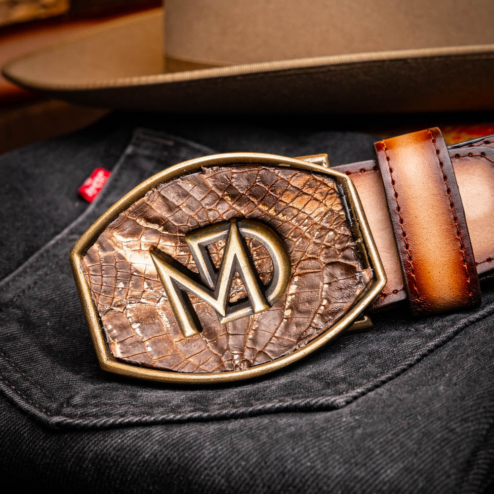 Marco Di Milano Caiman Calfskin Western Belt Signature Contrast Texas Stone Brown