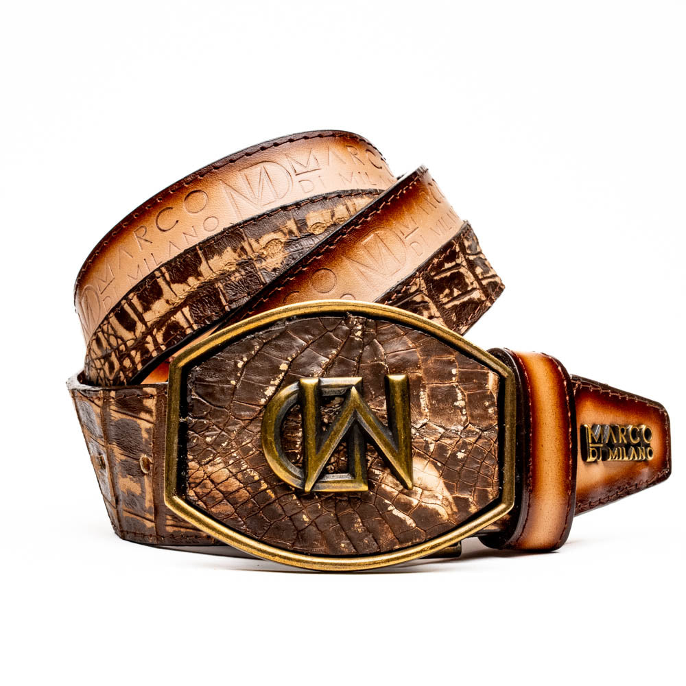 Marco Di Milano Caiman Calfskin Western Belt Signature Contrast Texas Stone Brown