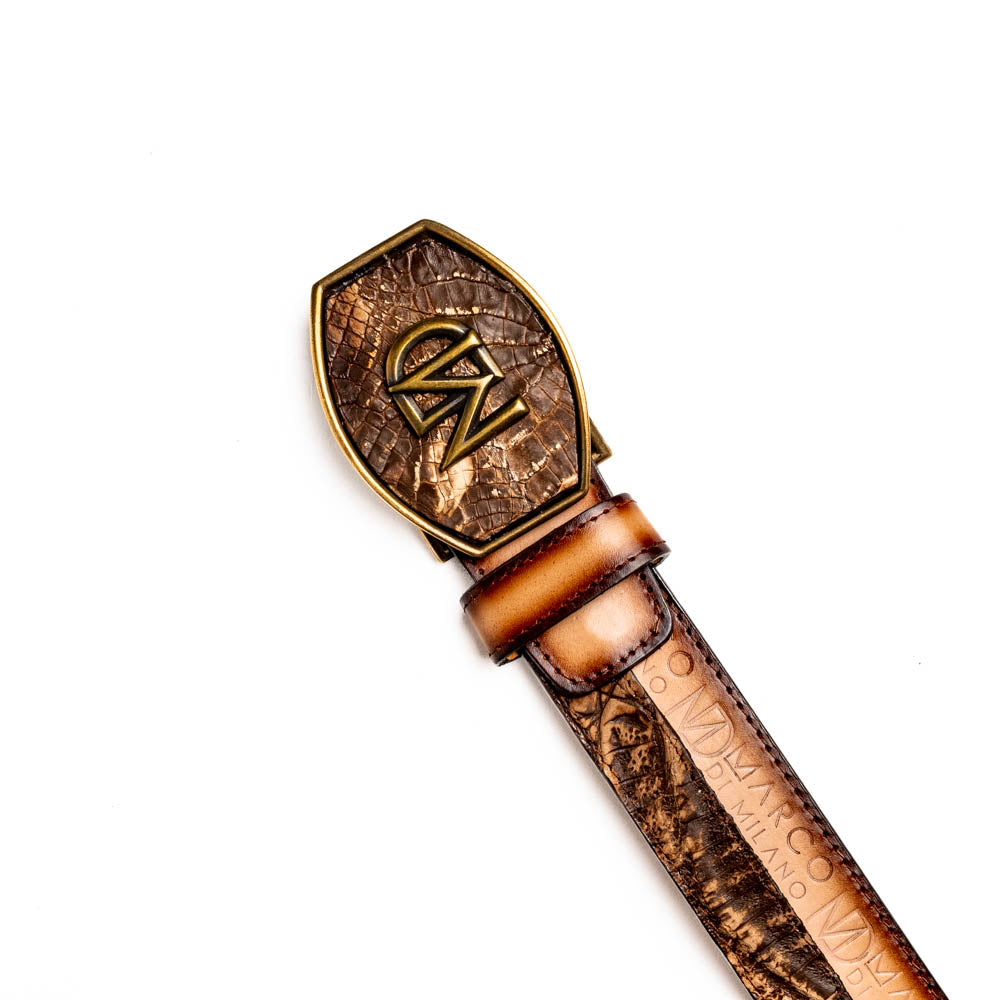 Marco Di Milano Caiman Calfskin Western Belt Signature Contrast Texas Stone Brown