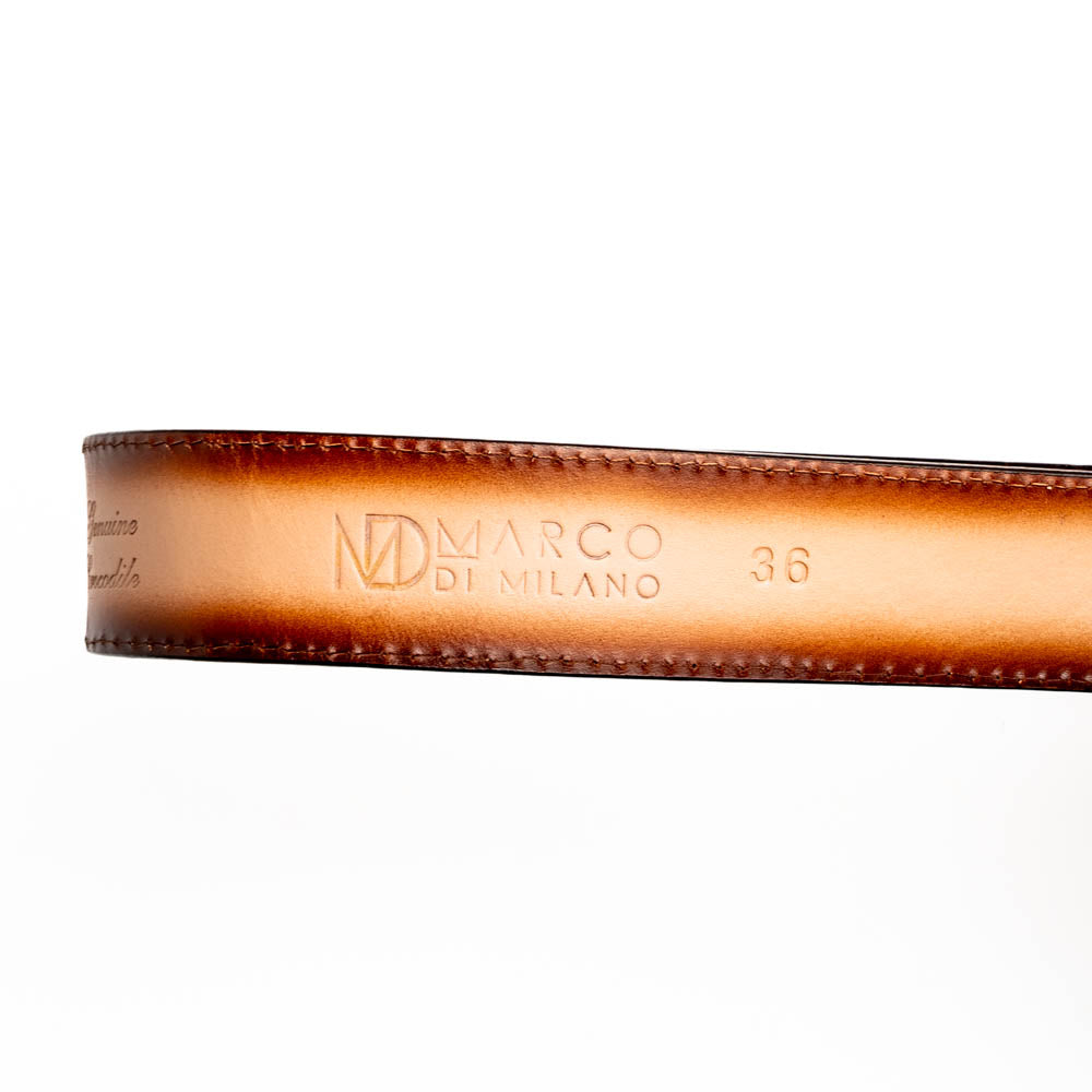 Marco Di Milano Caiman Calfskin Western Belt Signature Contrast Texas Stone Brown