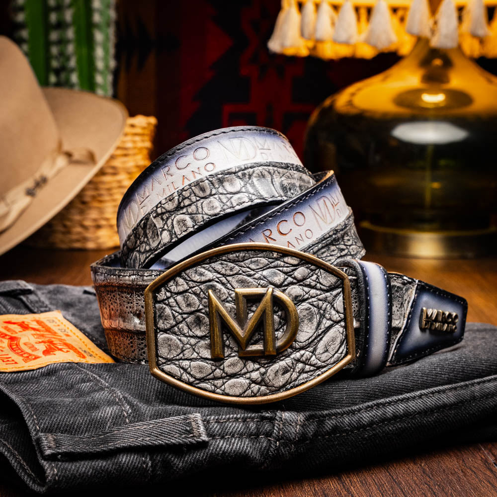 Marco Di Milano Caiman & Calfskin Western Belt Signature Contrast Texas Stone Gray