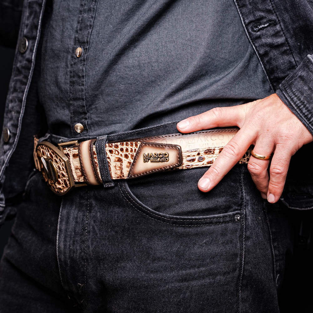 Marco Di Milano Caiman & Calfskin Western Texas Belt Stone Orix