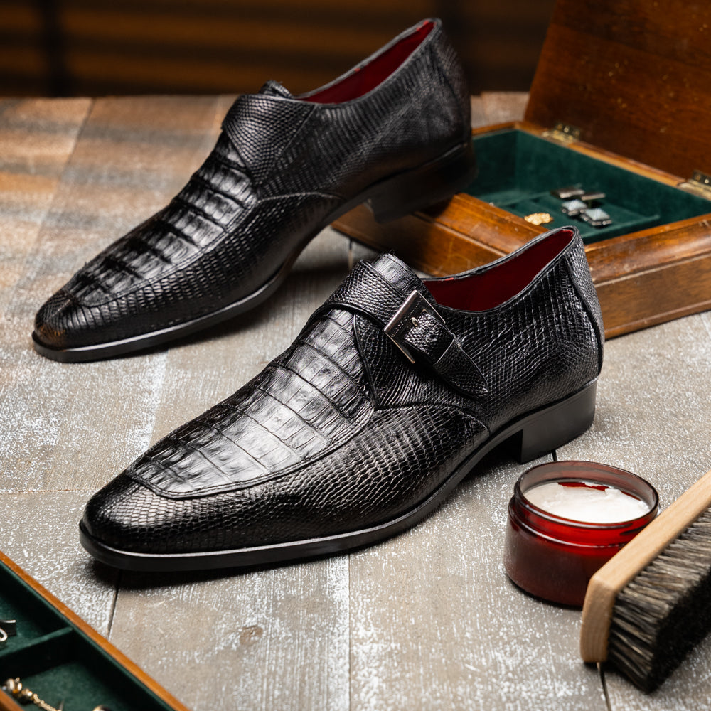 genuine crocodile and lizard dress monk strap shoes Toluca Black
