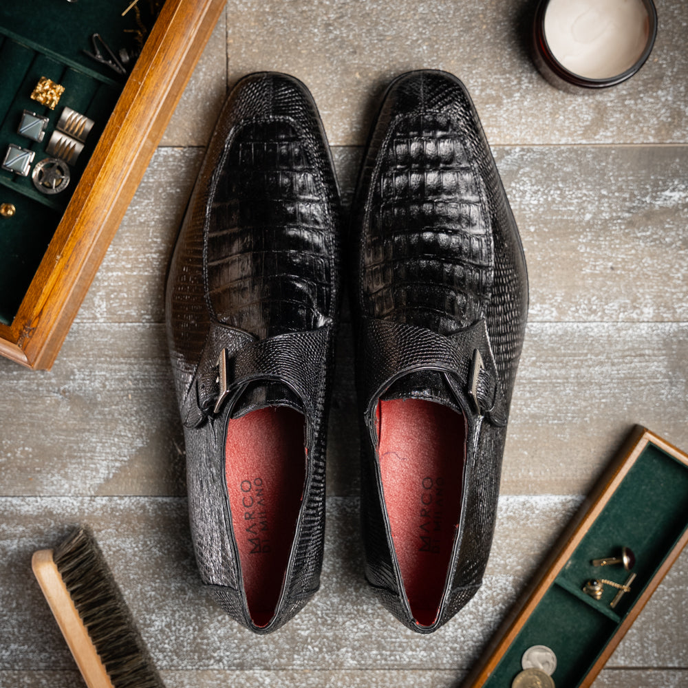 genuine crocodile and lizard dress monk strap shoes Toluca Black