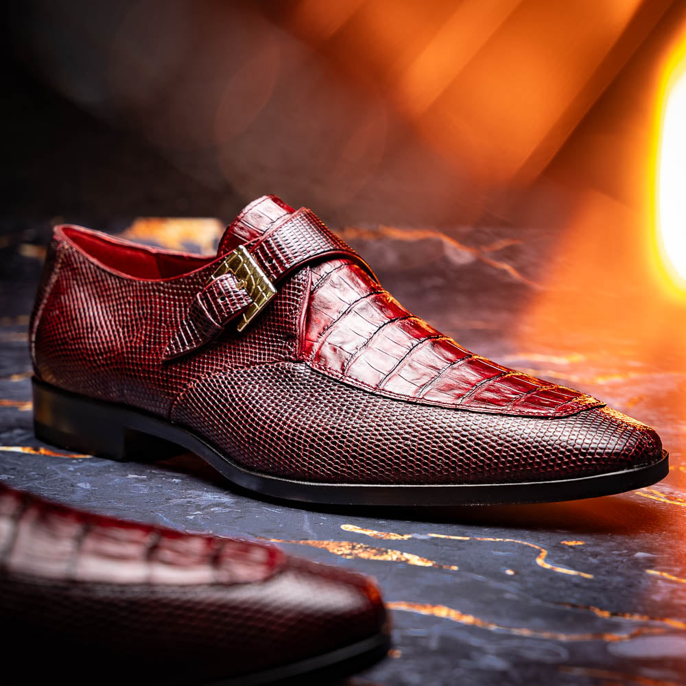 Toluca  genuine crocodile and lizard dress monk strap Wine