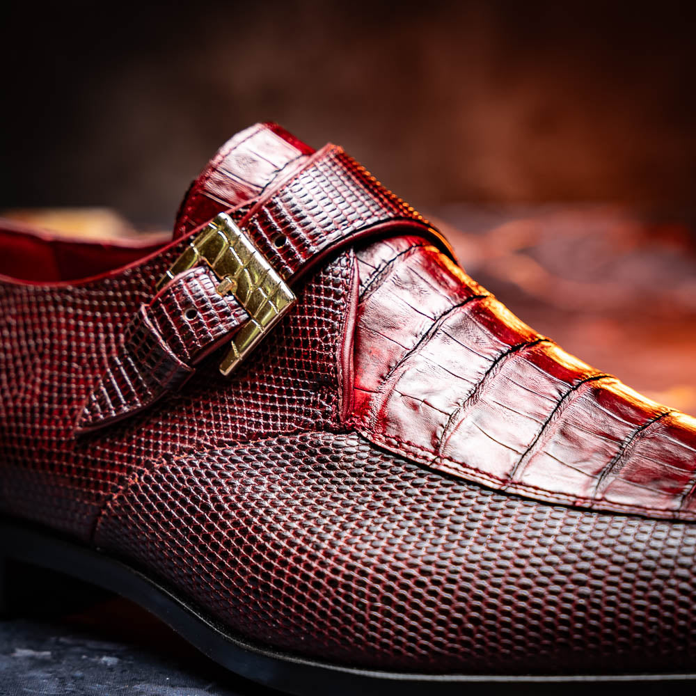 Toluca  genuine crocodile and lizard dress monk strap Wine