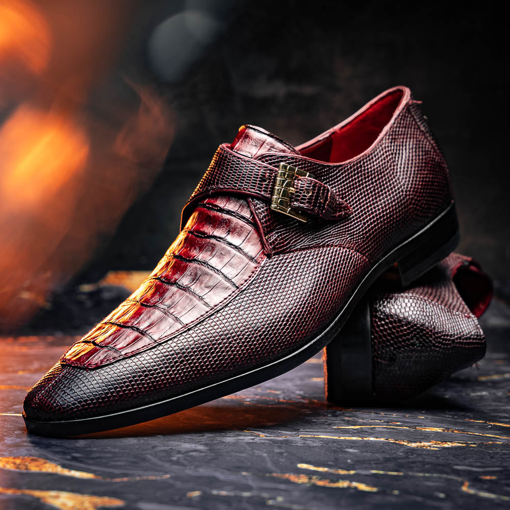 Toluca  genuine crocodile and lizard dress monk strap Wine