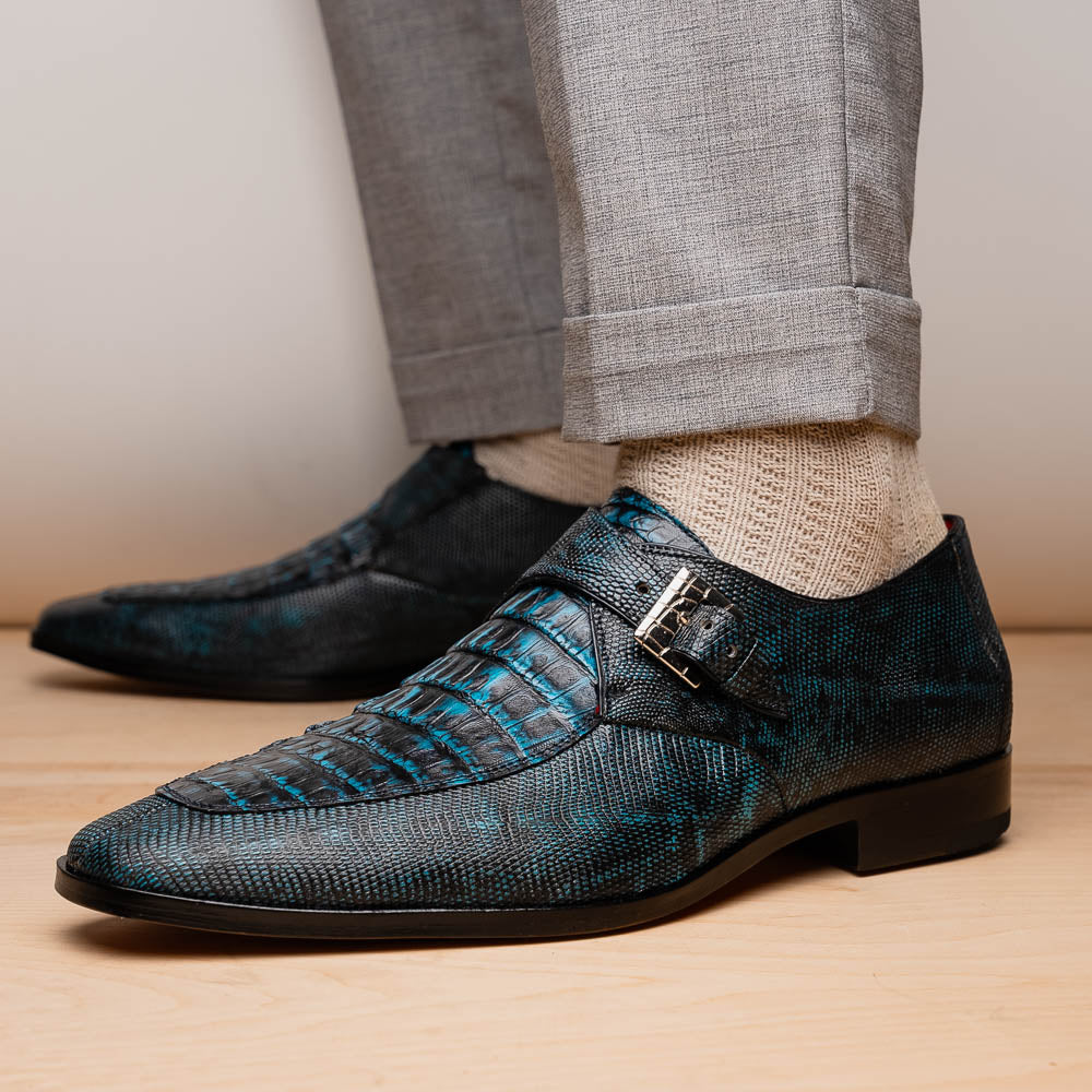 Toluca genuine crocodile and lizard dress monk strap Rustic Blue