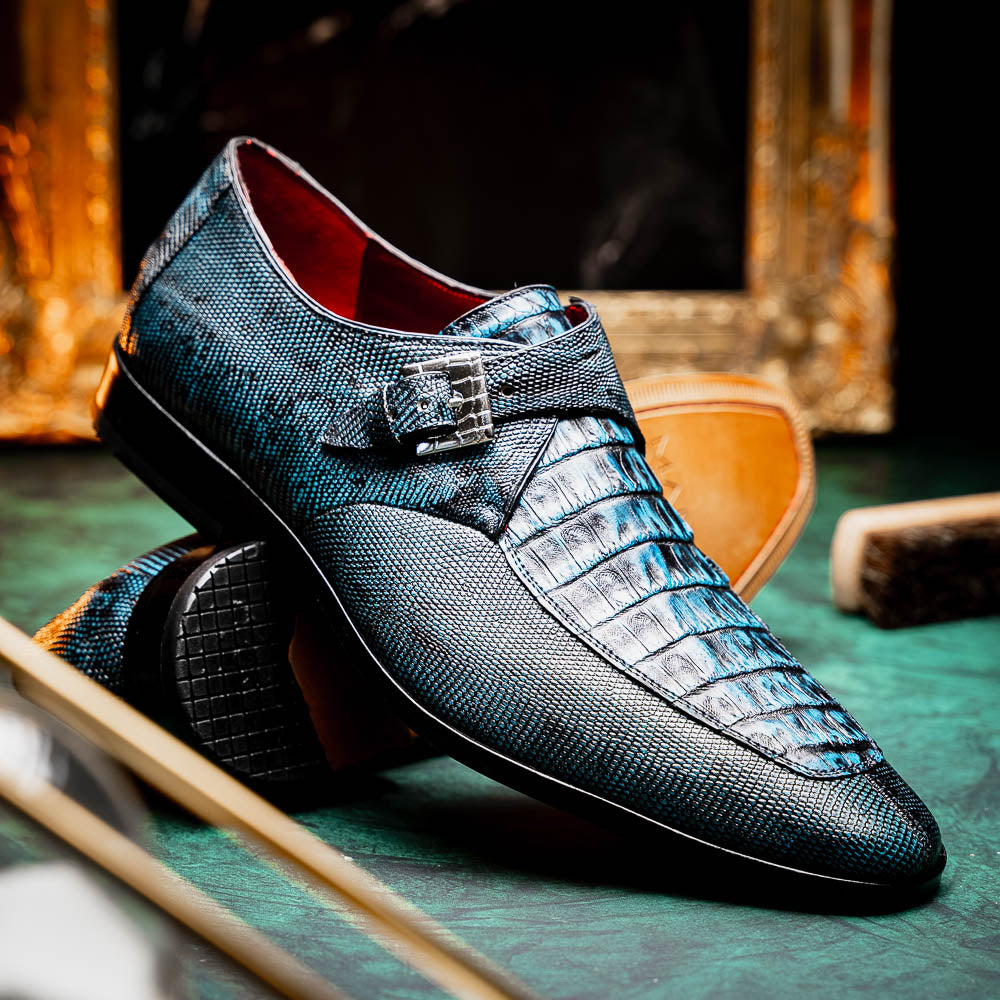 Toluca genuine crocodile and lizard dress monk strap Rustic Blue