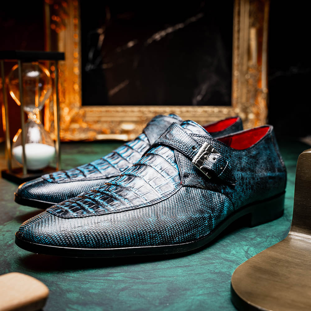Toluca genuine crocodile and lizard dress monk strap Rustic Blue
