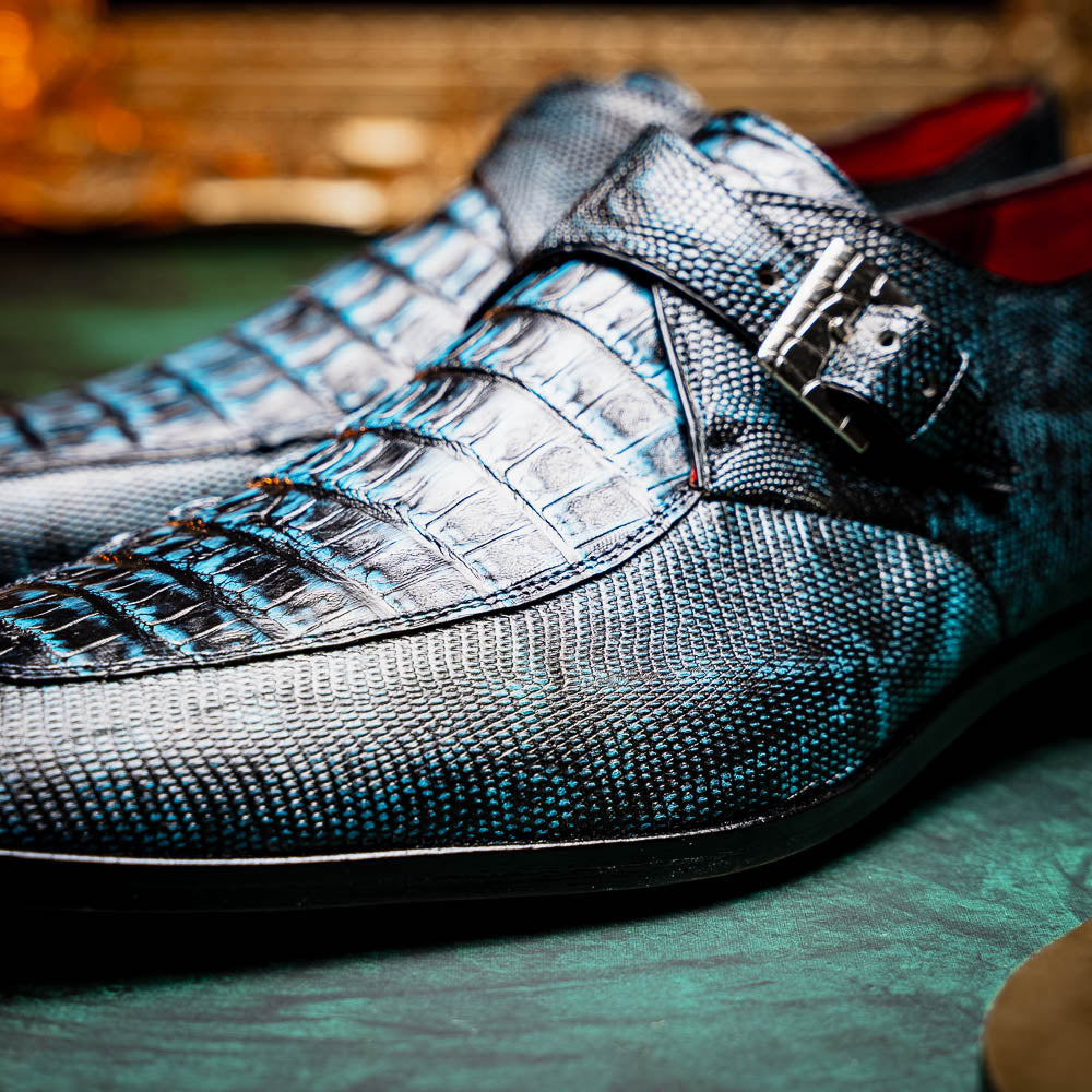 Toluca genuine crocodile and lizard dress monk strap Rustic Blue