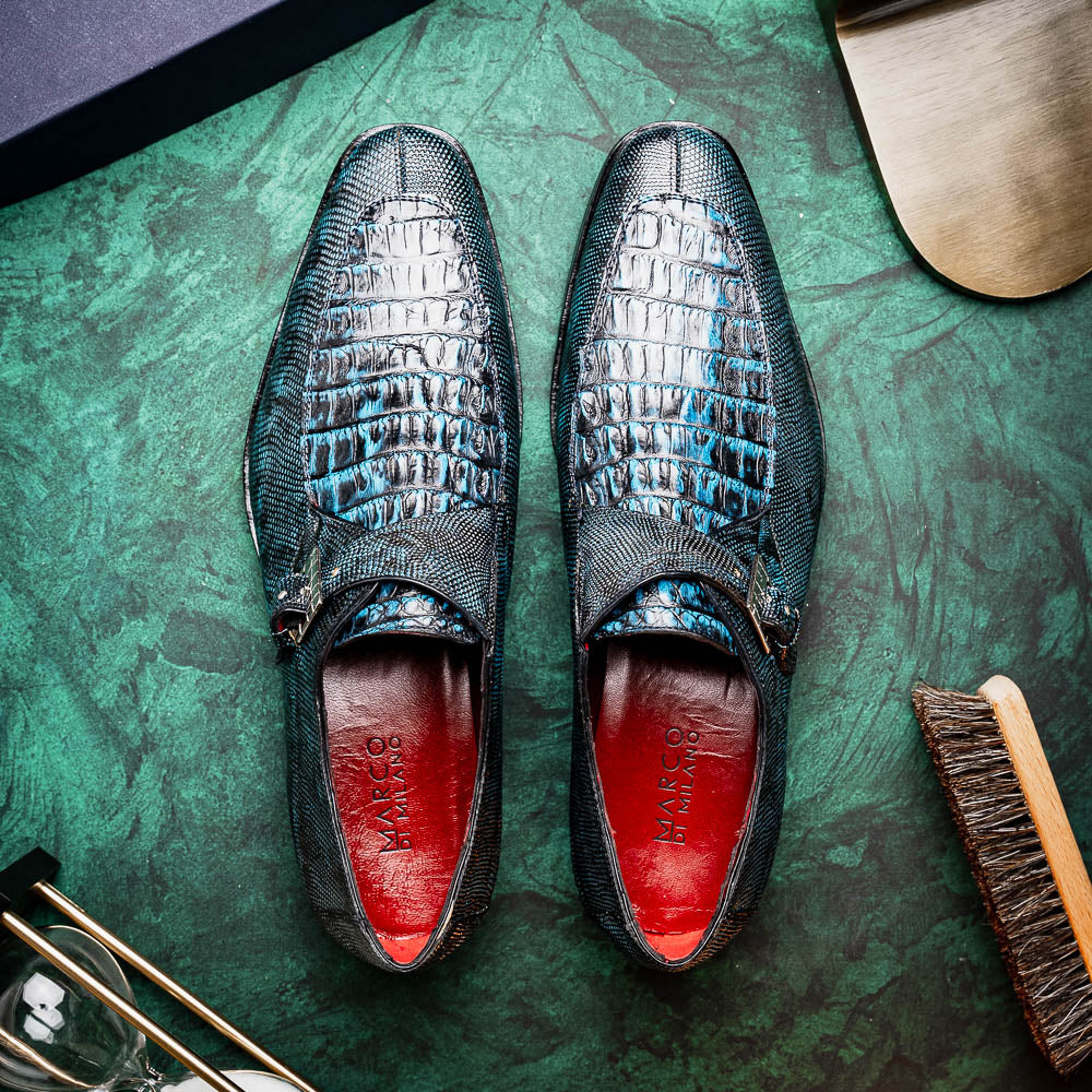 Toluca genuine crocodile and lizard dress monk strap Rustic Blue