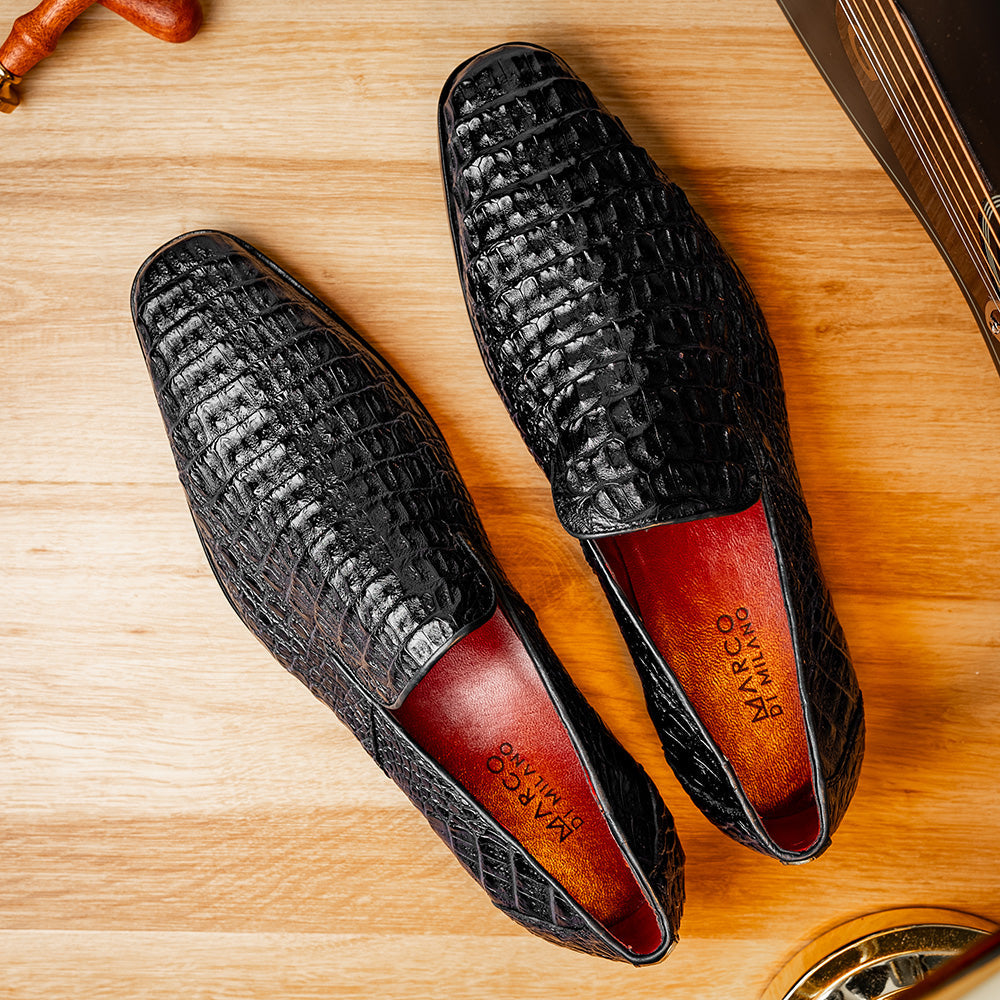 Genuine caiman crocodile slip on Shoes By Marco Di Milano Trento Black