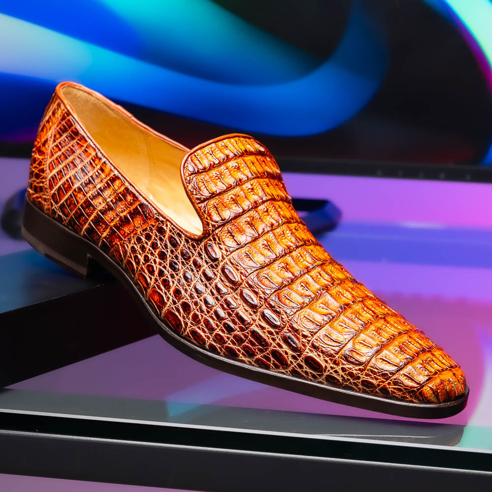 genuine caiman crocodile slip on Shoes Trento Rustic Cognac