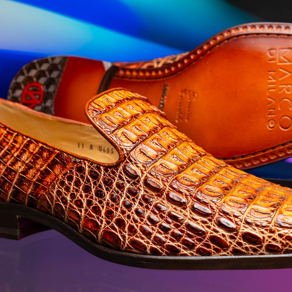 genuine caiman crocodile slip on Shoes Trento Rustic Cognac