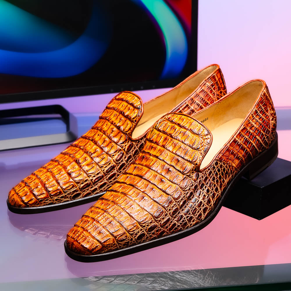 genuine caiman crocodile slip on Shoes Trento Rustic Cognac