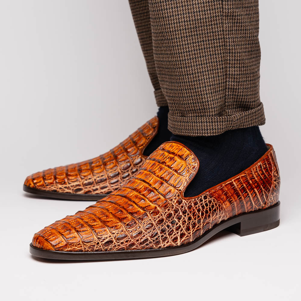 genuine caiman crocodile slip on Shoes Trento Rustic Cognac