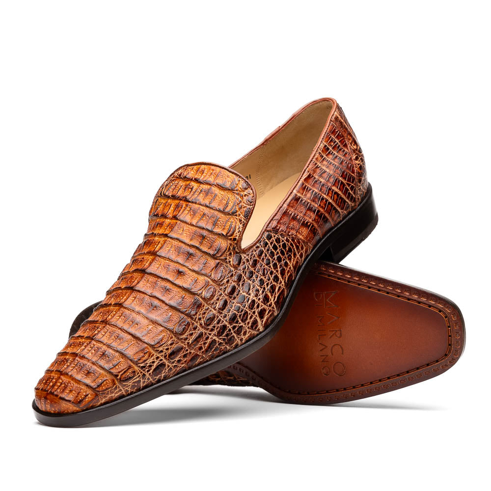 genuine caiman crocodile slip on Shoes Trento Rustic Cognac