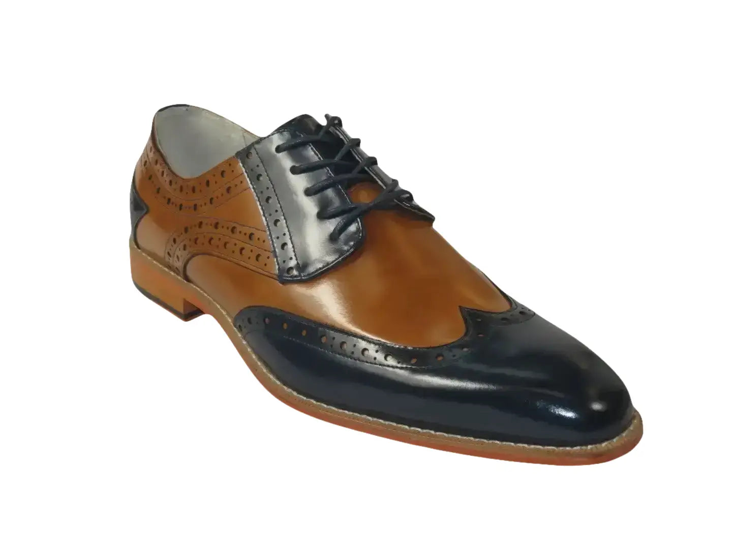 Men's Giovanni Shoes High Quality Leather Wing Tip Derby Troy Navy/Tan