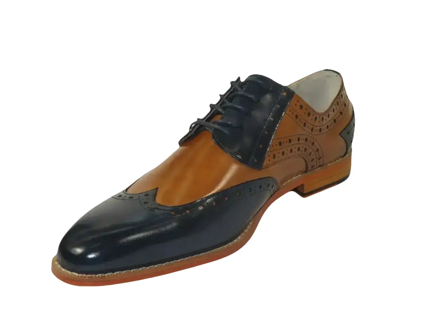 Men's Giovanni Shoes High Quality Leather Wing Tip Derby Troy Navy/Tan
