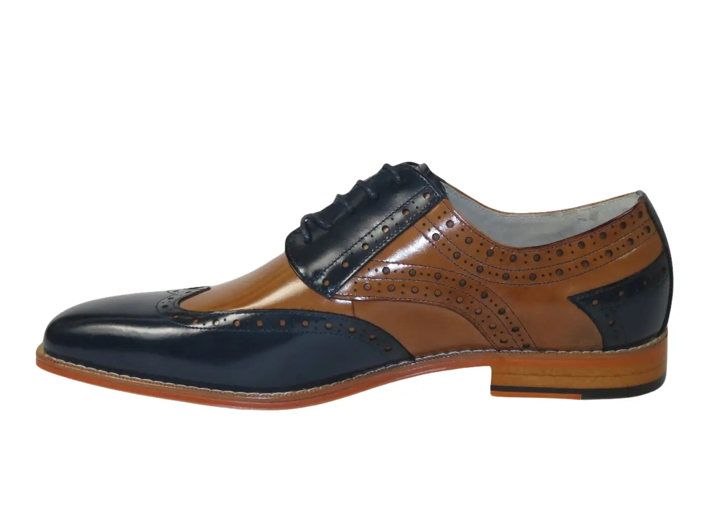 Men's Giovanni Shoes High Quality Leather Wing Tip Derby Troy Navy/Tan
