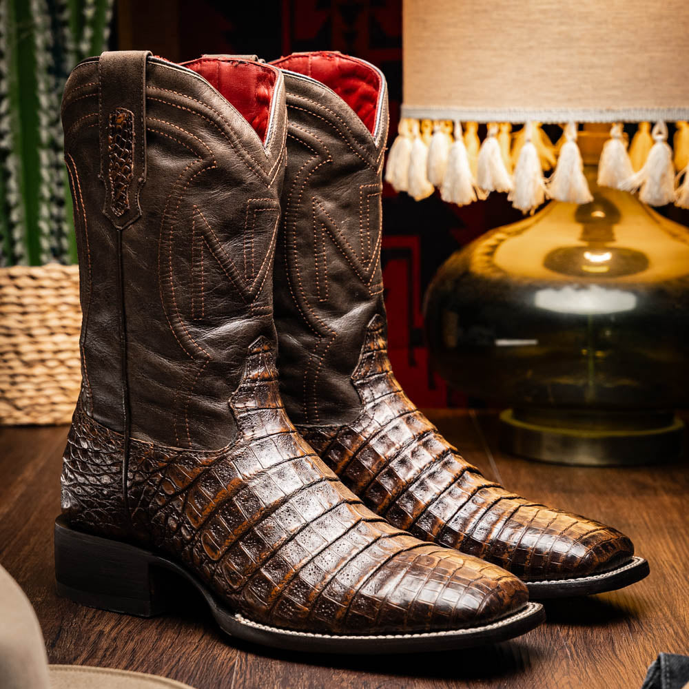 TUCSON Genuine Caiman Belly Skin Cowboy Boot from the Western CollectionAged Brown