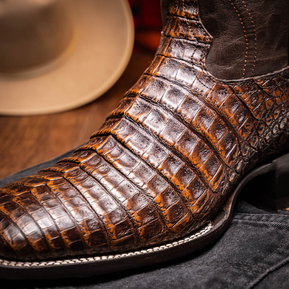 TUCSON Genuine Caiman Belly Skin Cowboy Boot from the Western CollectionAged Brown