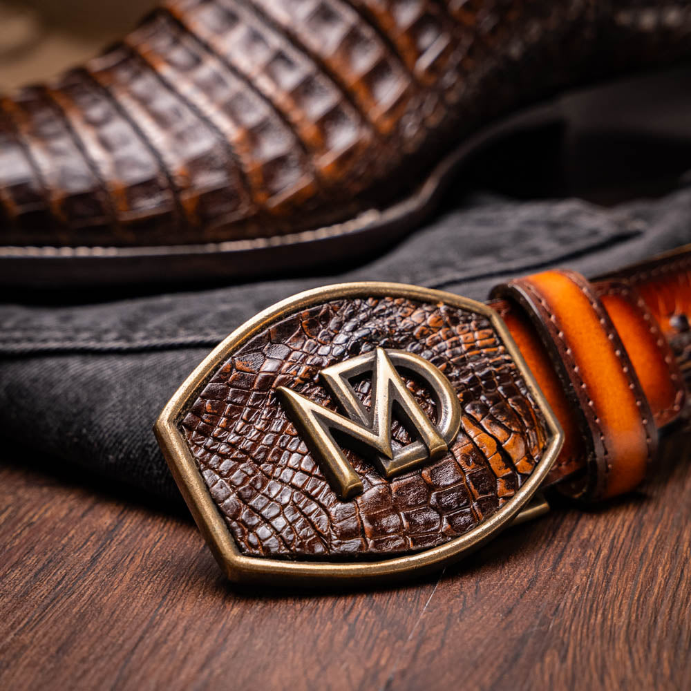 TUCSON Genuine Caiman Belly Skin Cowboy Boot from the Western CollectionAged Brown
