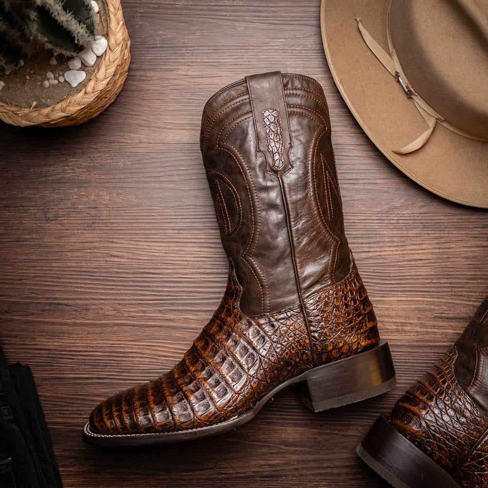 TUCSON Genuine Caiman Belly Skin Cowboy Boot from the Western CollectionAged Brown