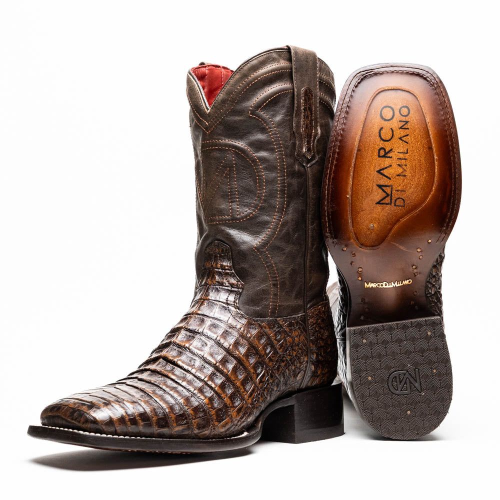 TUCSON Genuine Caiman Belly Skin Cowboy Boot from the Western CollectionAged Brown