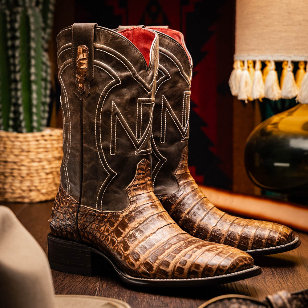 TUCSON Genuine Caiman Belly Skin Cowboy Boot from Western Collection Stone Brown