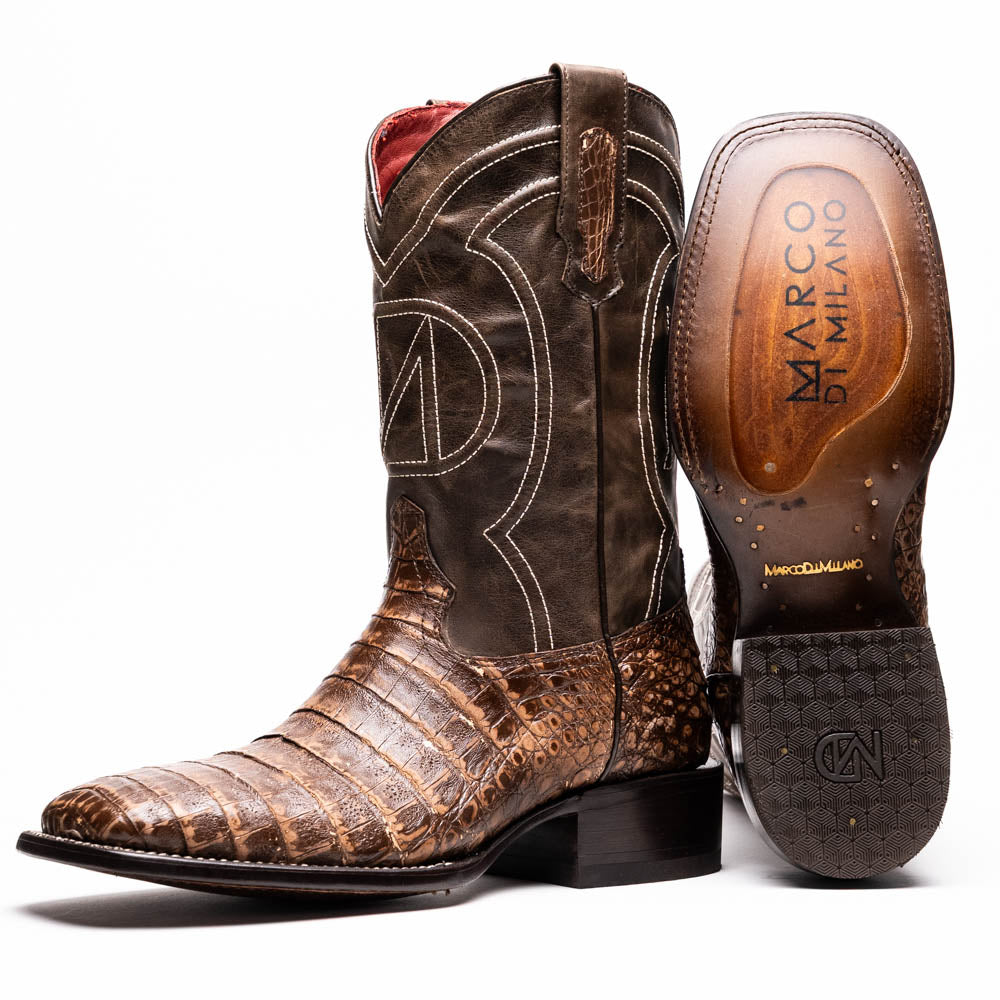 TUCSON Genuine Caiman Belly Skin Cowboy Boot from Western Collection Stone Brown