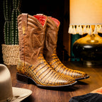 TUCSON Genuine Caiman Belly Skin Cowboy Boot from the Western CollectionMustard Brown