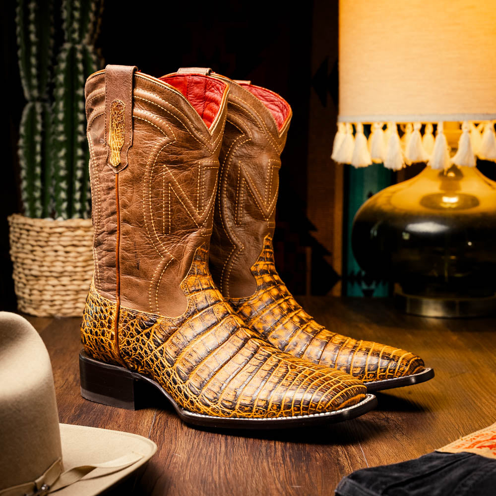TUCSON Genuine Caiman Belly Skin Cowboy Boot from the Western CollectionMustard Brown