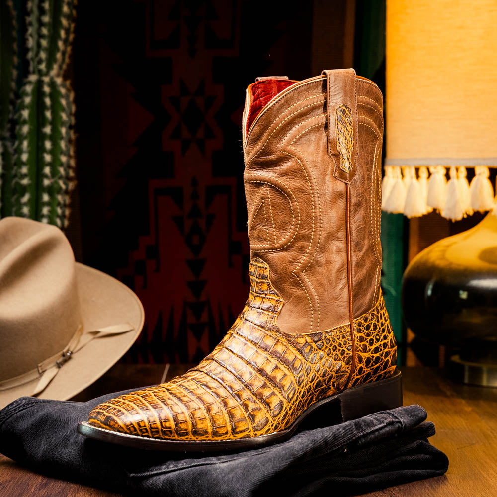 TUCSON Genuine Caiman Belly Skin Cowboy Boot from the Western CollectionMustard Brown
