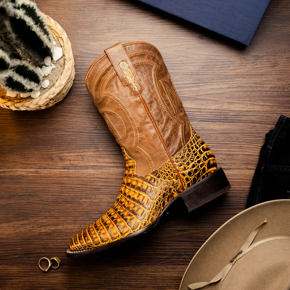 TUCSON Genuine Caiman Belly Skin Cowboy Boot from the Western CollectionMustard Brown