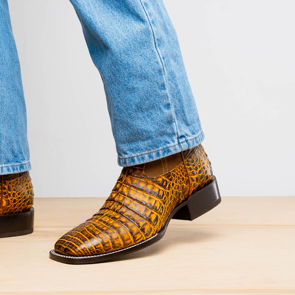 TUCSON Genuine Caiman Belly Skin Cowboy Boot from the Western CollectionMustard Brown