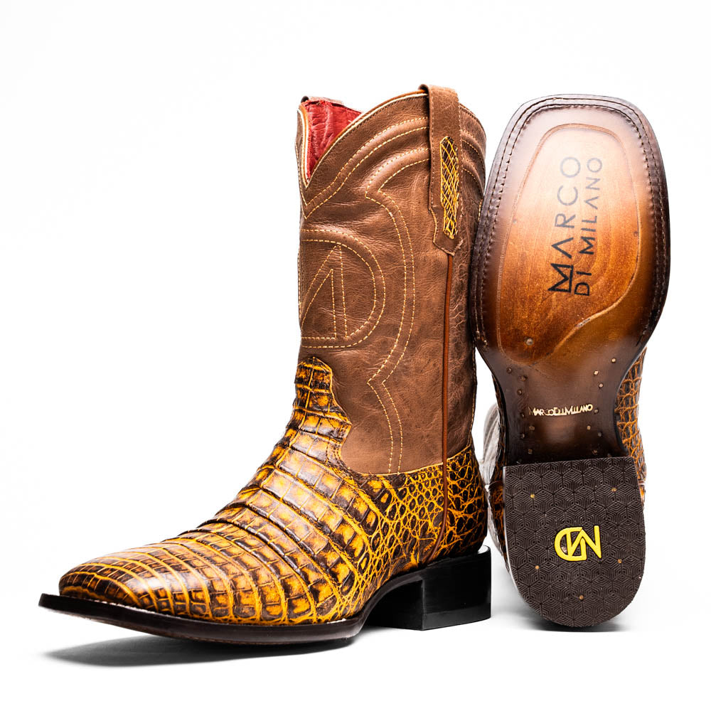 TUCSON Genuine Caiman Belly Skin Cowboy Boot from the Western CollectionMustard Brown