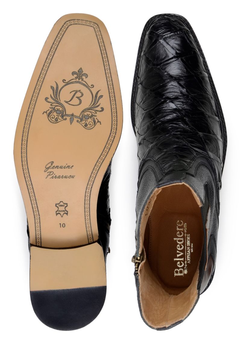 Belvedere Lima Genuine Pirarucu Skin and Pebble Grain Calf Chukka Zipper Boots Black